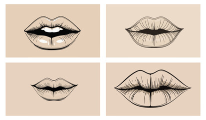 Minimalistic linear drawing of lips with elegant black outline on a soft beige background creates a sophisticated modern look