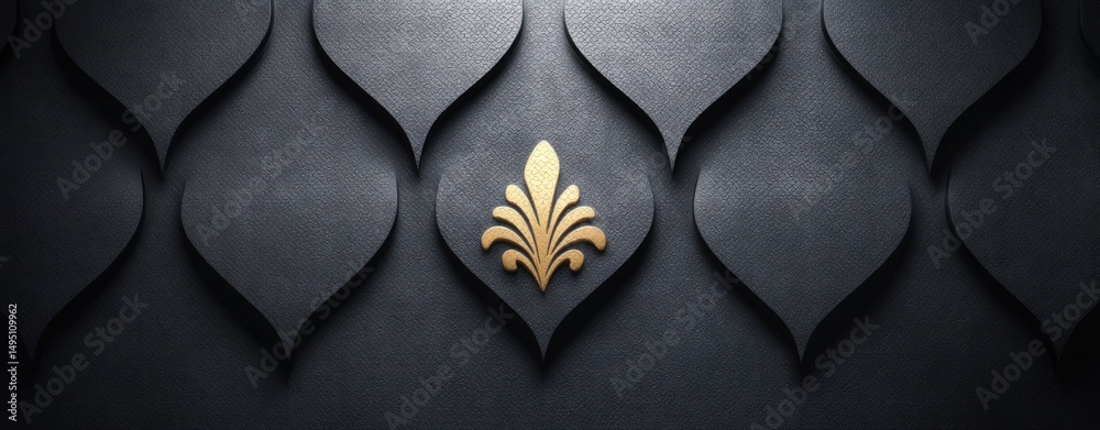 Poster textured dark background with elegant geometric shapes and central golden flourish motif design.