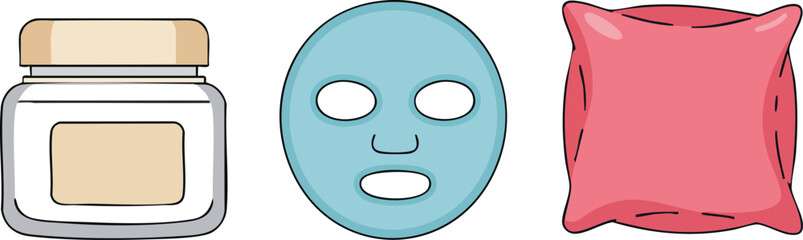 Skincare cream jar facial mask and pink pillow vector icons set for beauty routine 