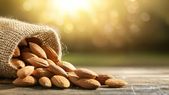 Close-up of fresh almonds spilling from a burlap sack onto a rustic surface, high detail, soft shadows, and warm earthy tones