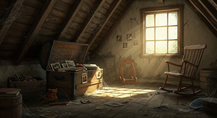 Dusty Attic Memories: Sunbeams illuminate a rustic attic, revealing antique wooden rocking chair, a weathered chest filled with old photos, and forgotten treasures, evoking a sense of nostalgia.