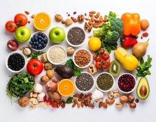 High resolution photo of a healthy mix of fresh fruits, vegetables, nuts and seeds arranged aesthetically on a white background.