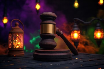 Wooden judge's gavel on dark table, with lanterns and smoky background