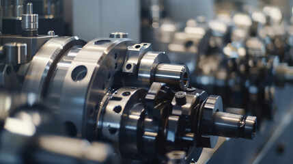 Fototapeta premium Close-up of a robotic arm assembling precision metal parts in a high-tech factory, with soft lights highlighting industrial efficiency