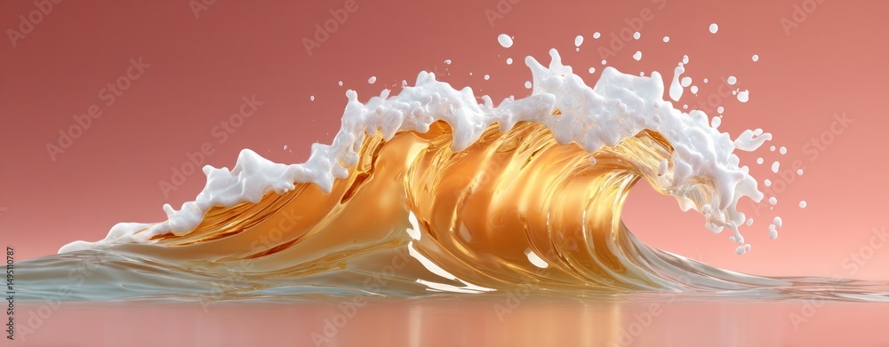 Poster stunning 3d render of a golden liquid wave crashing with white foam perfect for beverage or abstract