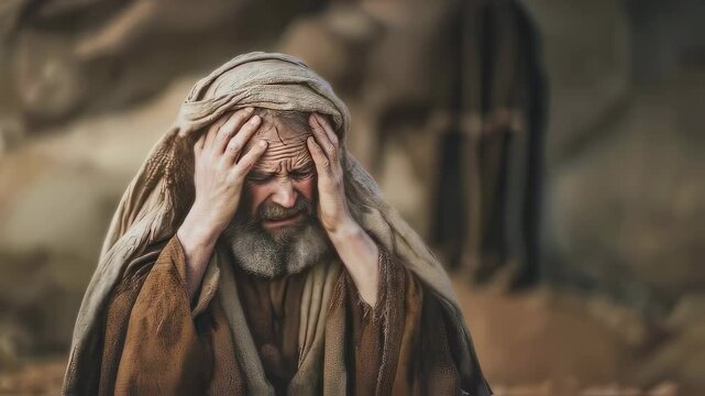 Apostle Peter weeps bitterly, having denied Christ. The man weeps and is in despair. Biblical times. For Christian church publications