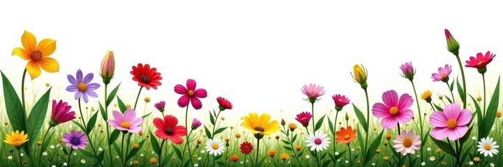 Fototapeta premium Cluster of wildflowers, various species, crisp white backdrop , composition, bloom, ecology