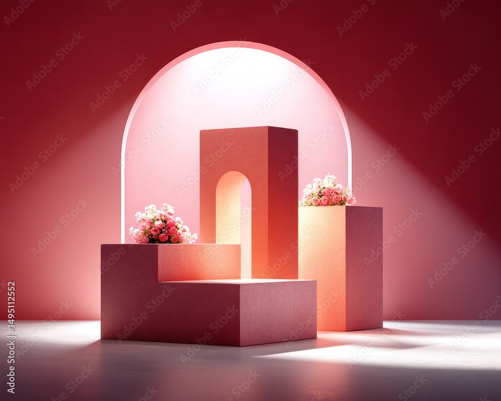 Poster elegant display of red pedestals adorned with delicate floral arrangements under a radiant archway s