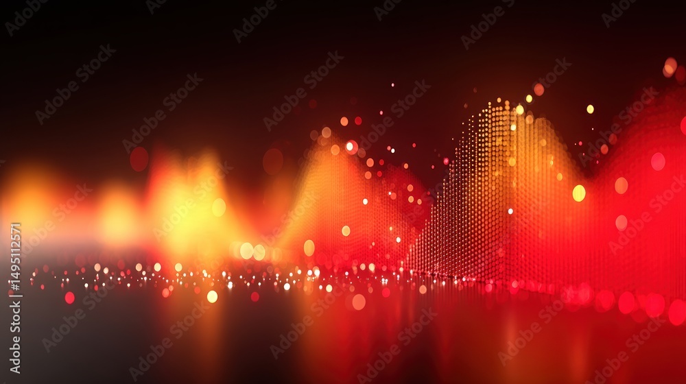 Poster Abstract glowing waveform with bokeh lights creates dynamic motion effect in dark red and orange color scheme.