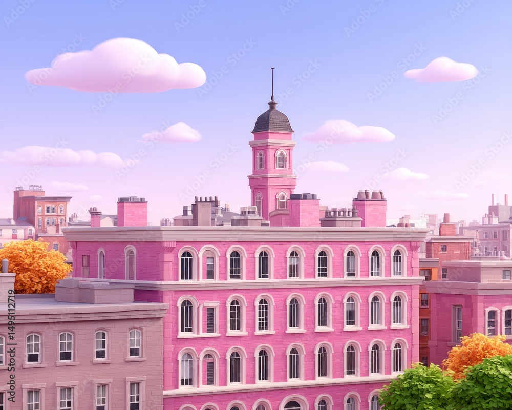Poster an animated pink building stands majestically under a pastel sky with fluffy clouds in a whical city
