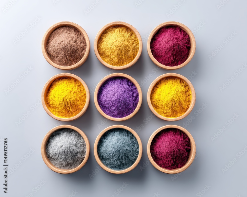 Aufkleber colorful assorted powder pigments arranged in wooden bowls creating an aesthetically pleasing square