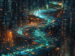 Fototapeta premium Futuristic Cityscape: Serpentine Path of Lights Winding Through the Urban Nightscape, a Vision of High-Tech Innovation and Interconnected Metropolis.