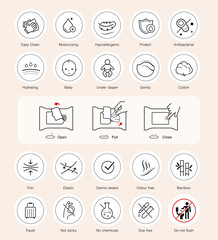 Set icons for wet wipes packaging. This icons shows main benefits of wet wipes.Vector elements are good for different backgrounds, well scalable and editable. EPS10.
