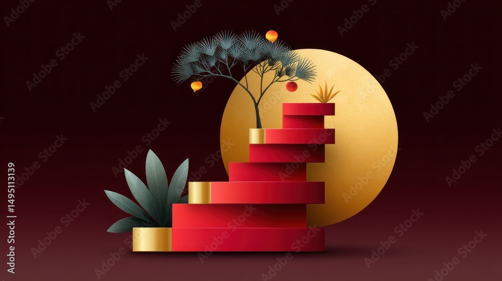 Poster elegant red and gold product display platform with tropical plants and a moon