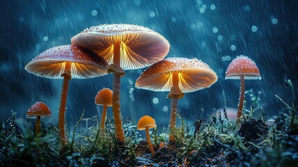 Tall mushrooms rising from the wet forest floor, their caps shining as the rainwater collects on their surface, surrounded by dew-covered plants.