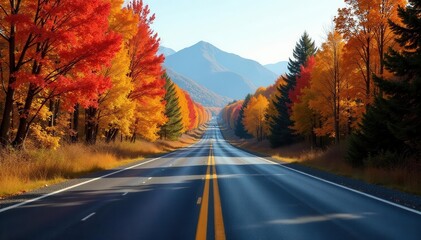 Endless asphalt ribbon cuts through vibrant autumn foliage, mountains in distance, highway, gold