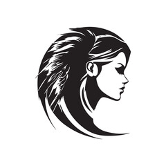 Vector illustration of a woman's head with long hair seen from behind in a cool style isolated on white background.