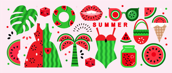 Summer watermelon abstract banner concept design background in cartoon style vector Set icons