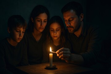 Family Lighting a Candle Together in Darkness