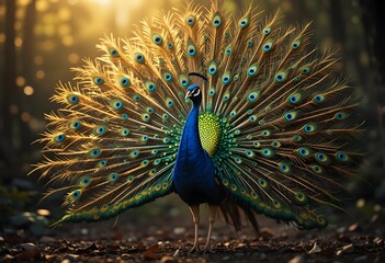 Majestic Peacock with Fully Fanned Tail Feathers in Cinematic Light