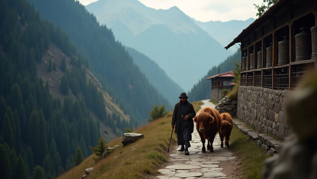 Authentic Himalayan yak herder scene in Bhutan, capturing the spirit of mountain life