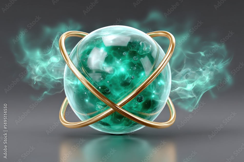 Poster abstract teal sphere with golden rings and ethereal smoke 3d render of a mystical orb