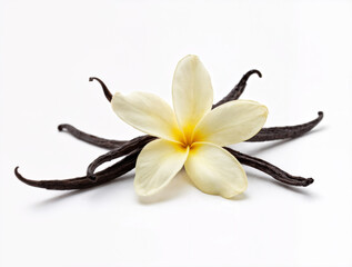 A vanilla flower paired with dried vanilla pods on a white background — natural, aromatic, and elegant.