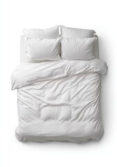 A pristine white bed, draped with a smooth, crumpled comforter and pillows, showcasing a clean, fresh look