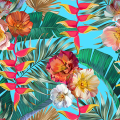 Seamless vector pattern. Tropical pattern. Flowers tropics orchid, plumeria, monstera, palm leaf. Exotic pattern, Hawaiian pattern