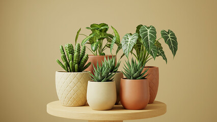 Fototapeta premium Assorted Potted Houseplants on Wooden Table with Beige Background