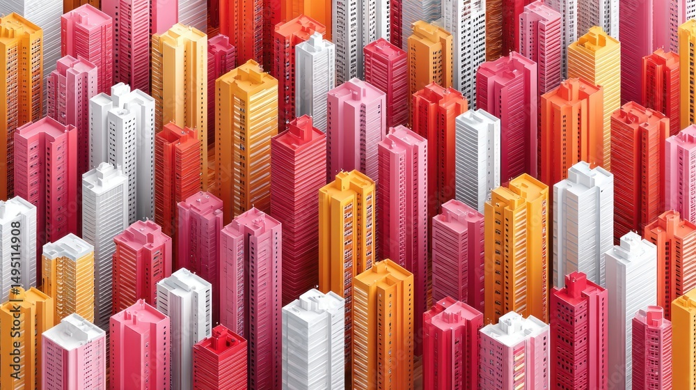 Poster colorful miniature buildings create abstract cityscape with vibrant geometric patterns and clean arc