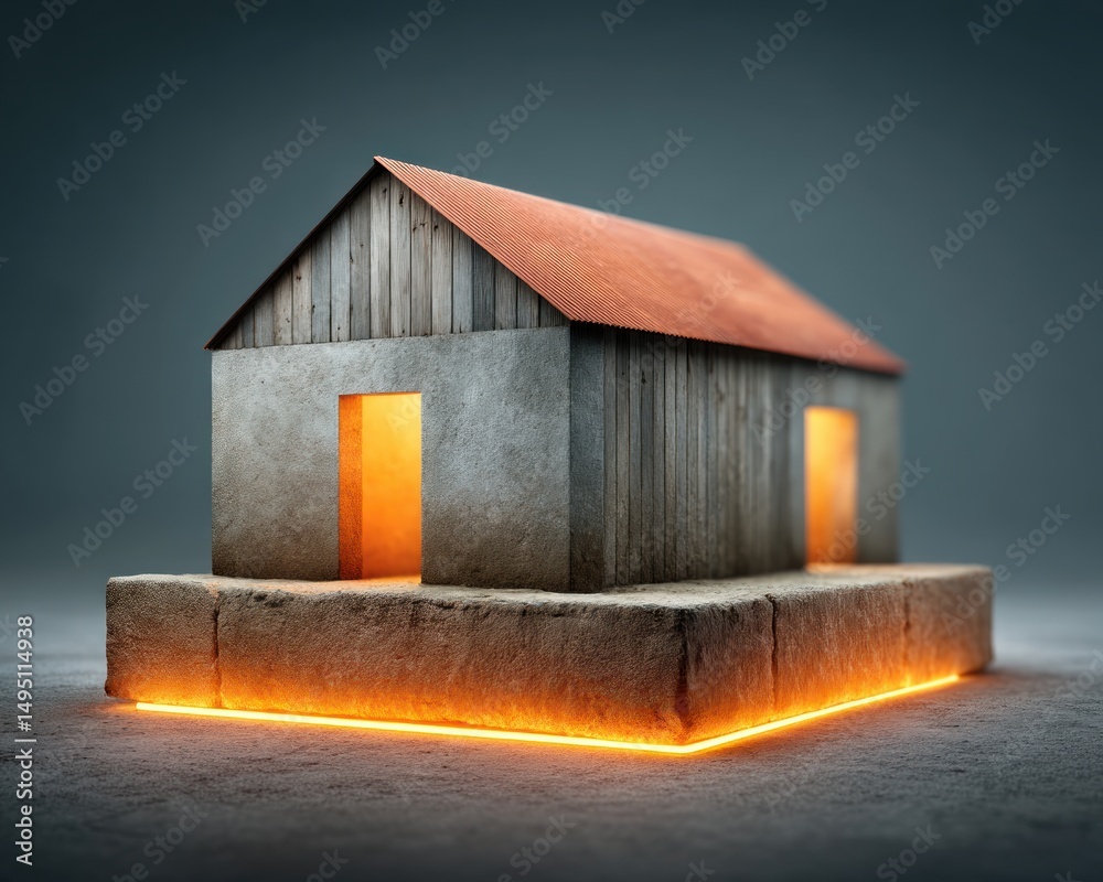 Poster a miniature house model glows with warm light emanating from doorway and base, placed on textured su