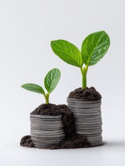 Inspiring high definition image of a green plant growing out of a pile of coins symbolizing financial growth and prosperity in nature