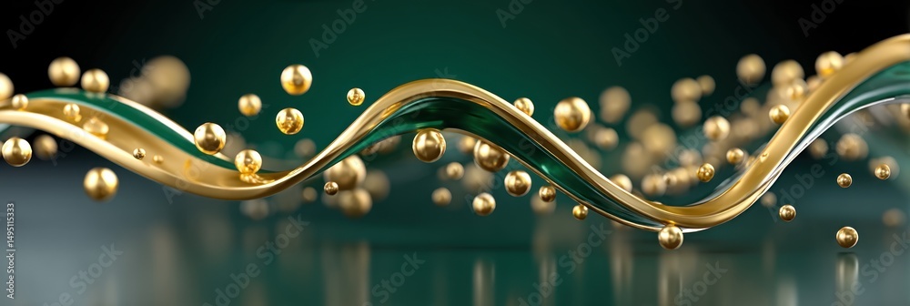 Aufkleber elegant golden and emerald green liquid wave with floating spheres abstract background