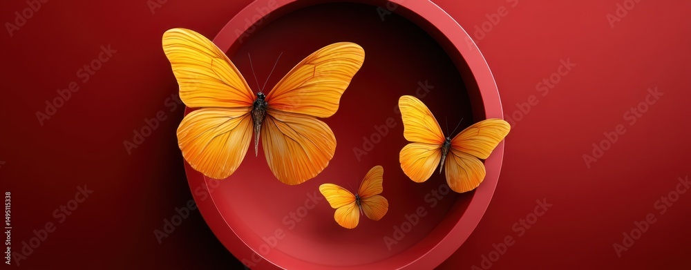 Poster three orange butterflies flying inside a red circular frame abstract design
