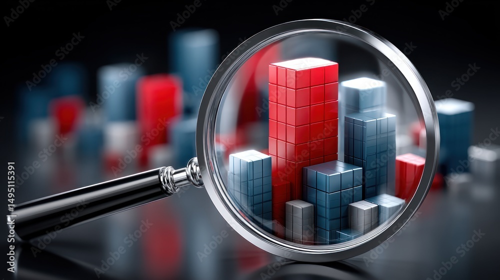 Poster analyzing business growth magnifying glass reveals key data points in 3d bar chart showing market tr