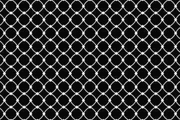 Abstract black and white geometric pattern of white circles connected by curved lines forming a symmetrical diamond grid. Minimalist, high-contrast design with repetitive, decorative motif.