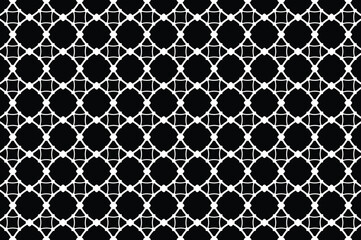 Monochrome repeating geometric pattern with white curved lines, circles forming interconnected lattice on black. Minimalist design conveys elegance and intricate complexity.