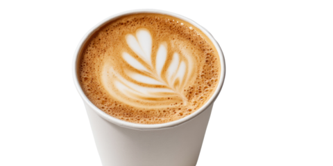 Latte Art in Paper Cup: A close-up shot of a delicious latte in a disposable paper cup, showcasing intricate latte art in the shape of a leaf.