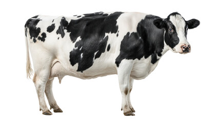 Holstein Cow: A Holstein Friesian cow stands against a white background, showcasing its distinctive black and white markings. The cow appears calm and healthy, its coat is clean. 