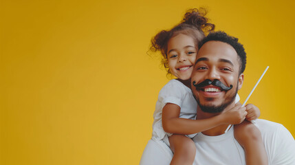 happy father's day! funny dad and daughter with mustache fooling around on yellow background