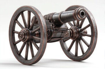 Antique cannon with intricate details.  A historical firearm mounted on sturdy wooden wheels. Ornate carvings adorn the cannon's body