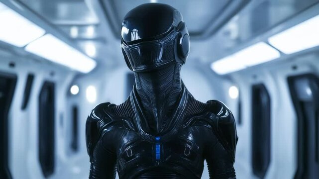 Futuristic Android Figure in Space Suit Mysterious Robot Gazes Ahead Intently