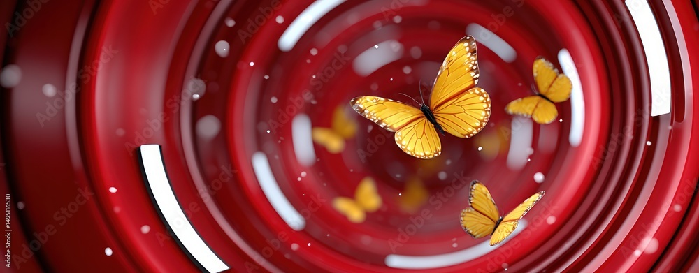 Aufkleber yellow butterflies dancing in a red swirling vortex abstract background