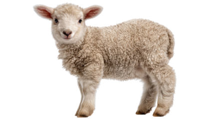 Adorable Lamb Portrait: A close-up portrait of a fluffy, innocent lamb standing and looking forward, evoking feelings of peace and gentleness, perfect for representing purity and serenity.