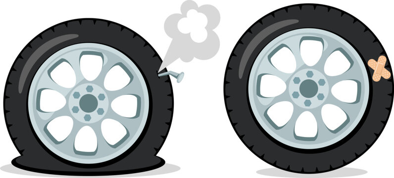 Car tire flat with nail and repaired with patch on a white background. Isolated