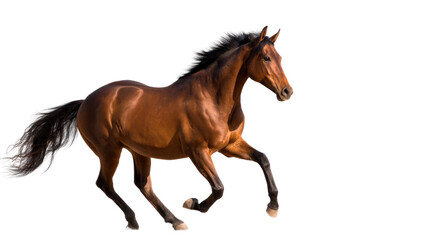 Obraz premium Running Bay Horse: A majestic bay horse with a flowing mane and tail gallops across a white background, capturing its power and grace in motion.