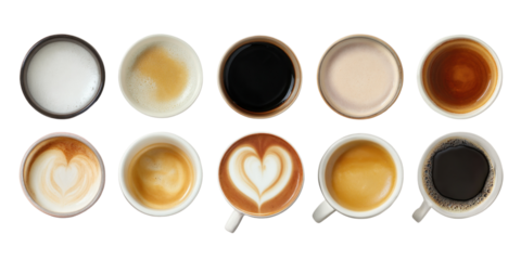 Coffee Varieties: A comprehensive visual guide showcasing a variety of coffee beverages, each meticulously captured from a bird's-eye view.