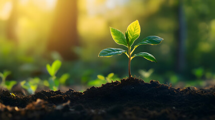 New sapling emerges from fertile soil in forest, symbolizing growth and renewal in nature's cycle during golden hour light