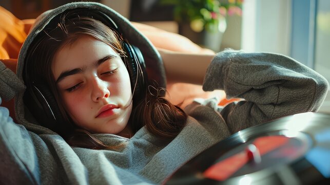 teenage girl in a hoodie, lying on her couch, headphones in, completely absorbed in the sound of her vinyl record.